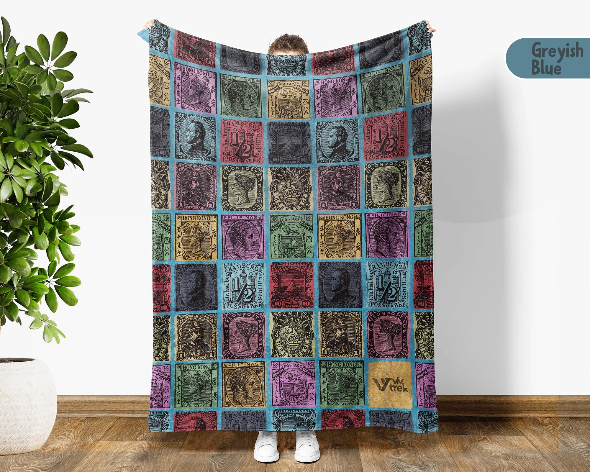 Vintage Stamp Collector Blanket, Retro Philately Throw for Cozy Hobby Decor and Postage Gift Lovers