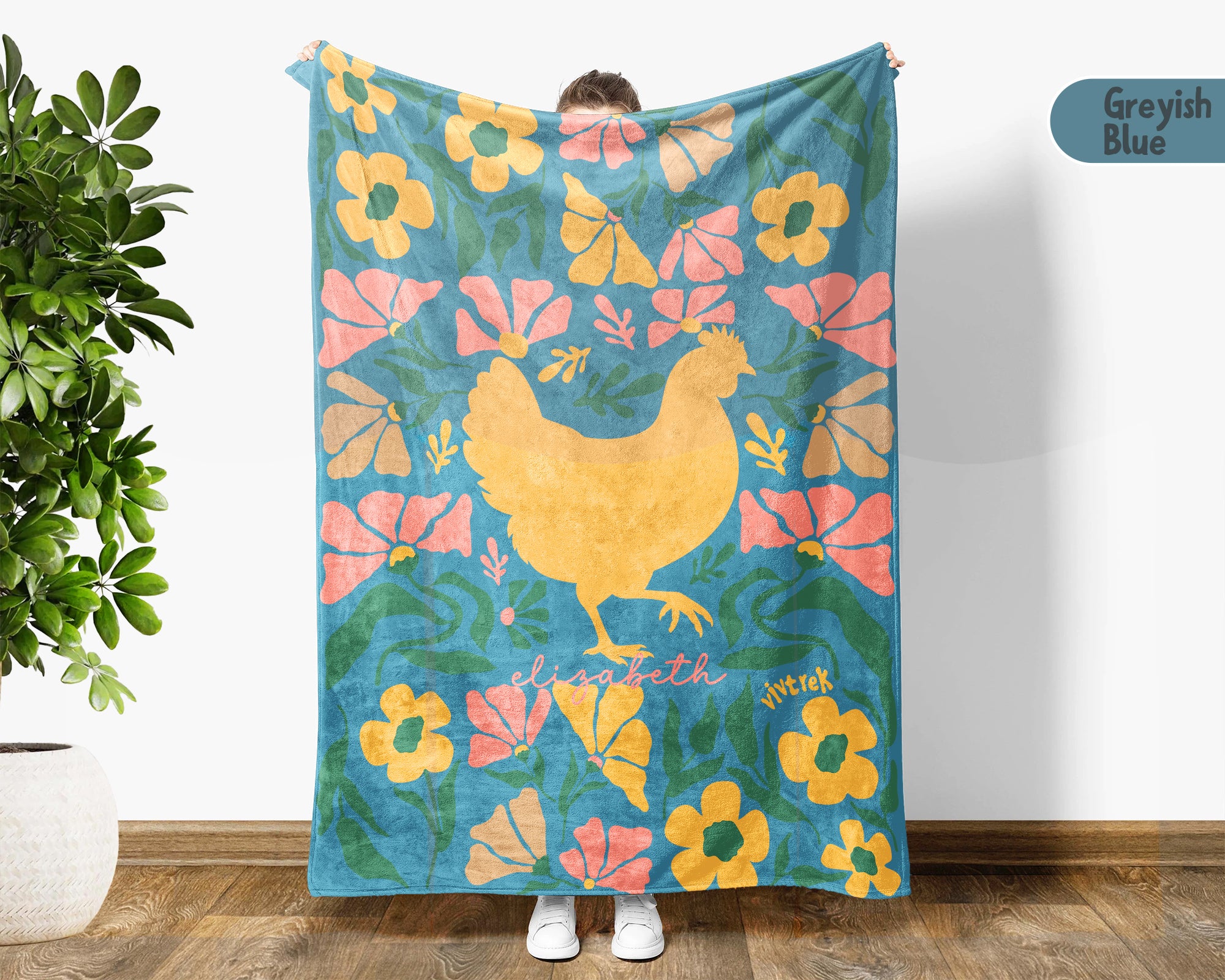 Floral Personalized Chicken Blanket with Custom Name, Cozy Floral Throw for Kids Teens Adults, Chicken Lover Farm Gift