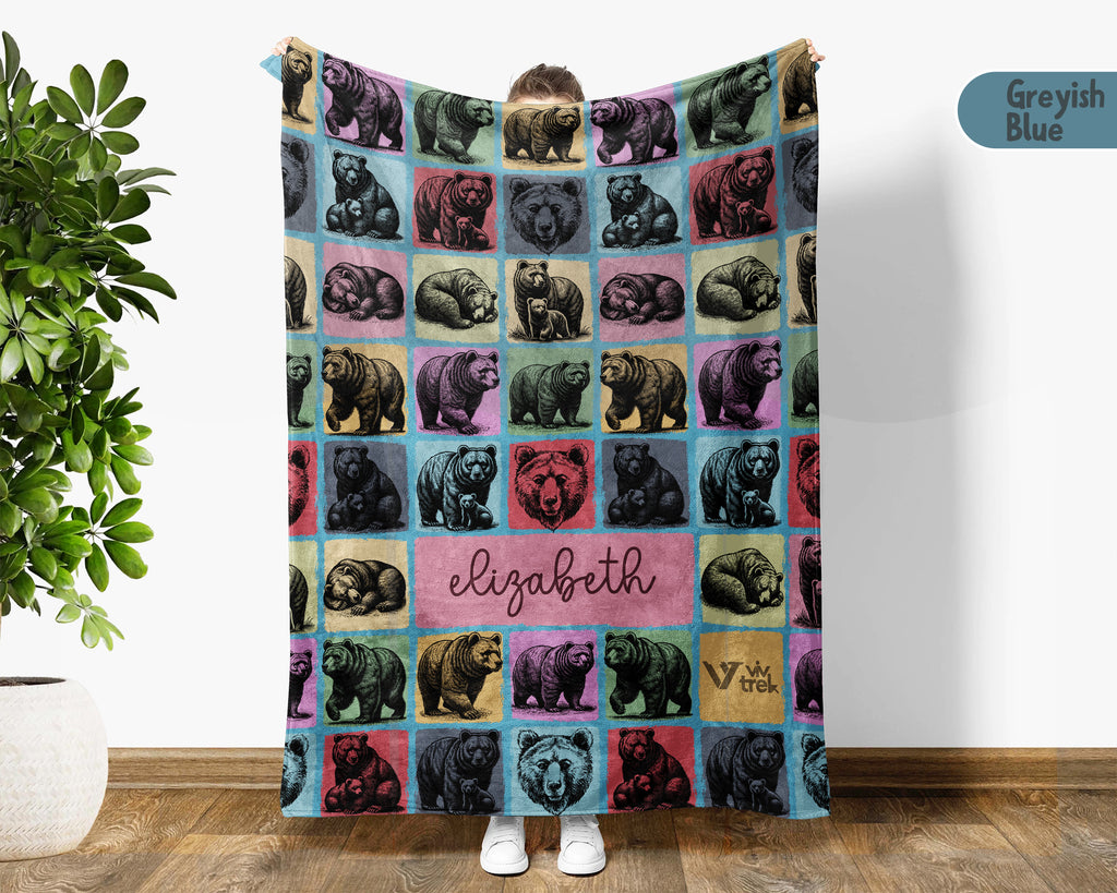 Custom Bear Lover Blanket Personalized Name Retro Wildlife Throw Cozy Rustic Animal Decor Unique Forest Inspired Gift Home Accent