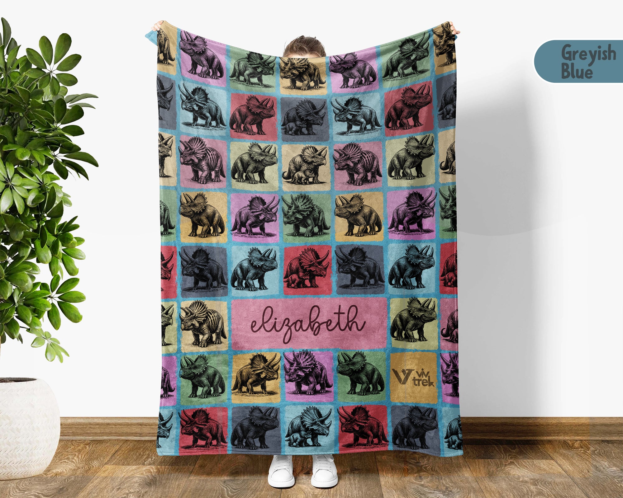 Custom Triceratops Blanket Personalized Name Vintage Dino Throw Cozy Prehistoric Animal Decor Fun Kids Gift Home Accent