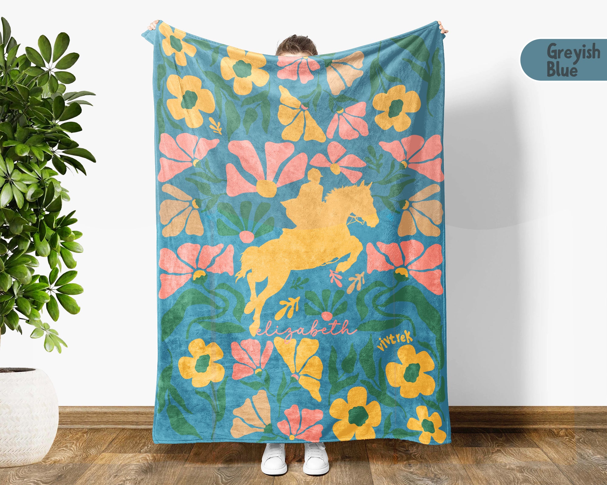 Custom Name Floral Horse Racing Blanket, Cozy Equestrian Throw Gift