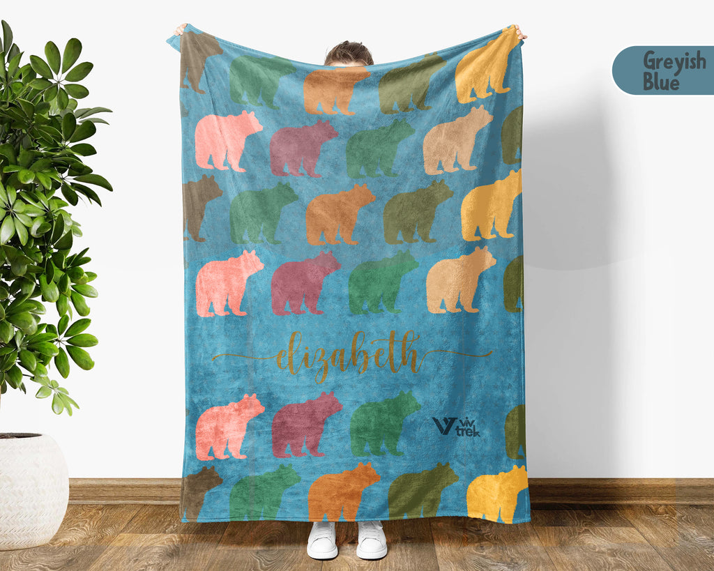 Personalized Bear Blanket Custom Name Wildlife Throw Retro Animal Graphic Cozy Rustic Home Decor Unique Nature Inspired Gift