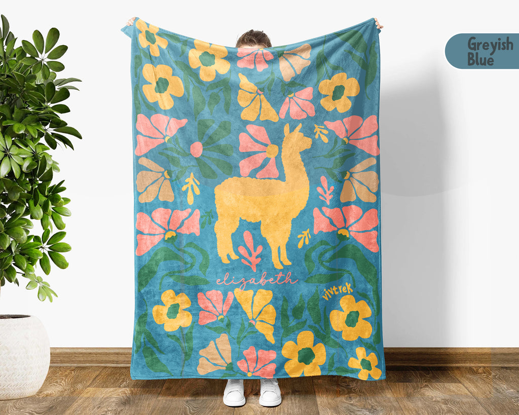 Personalized Llama Alpaca Floral Blanket, Custom Name Cute Animal Throw, Cozy Funny Farm Animal Gift for Animal Lovers