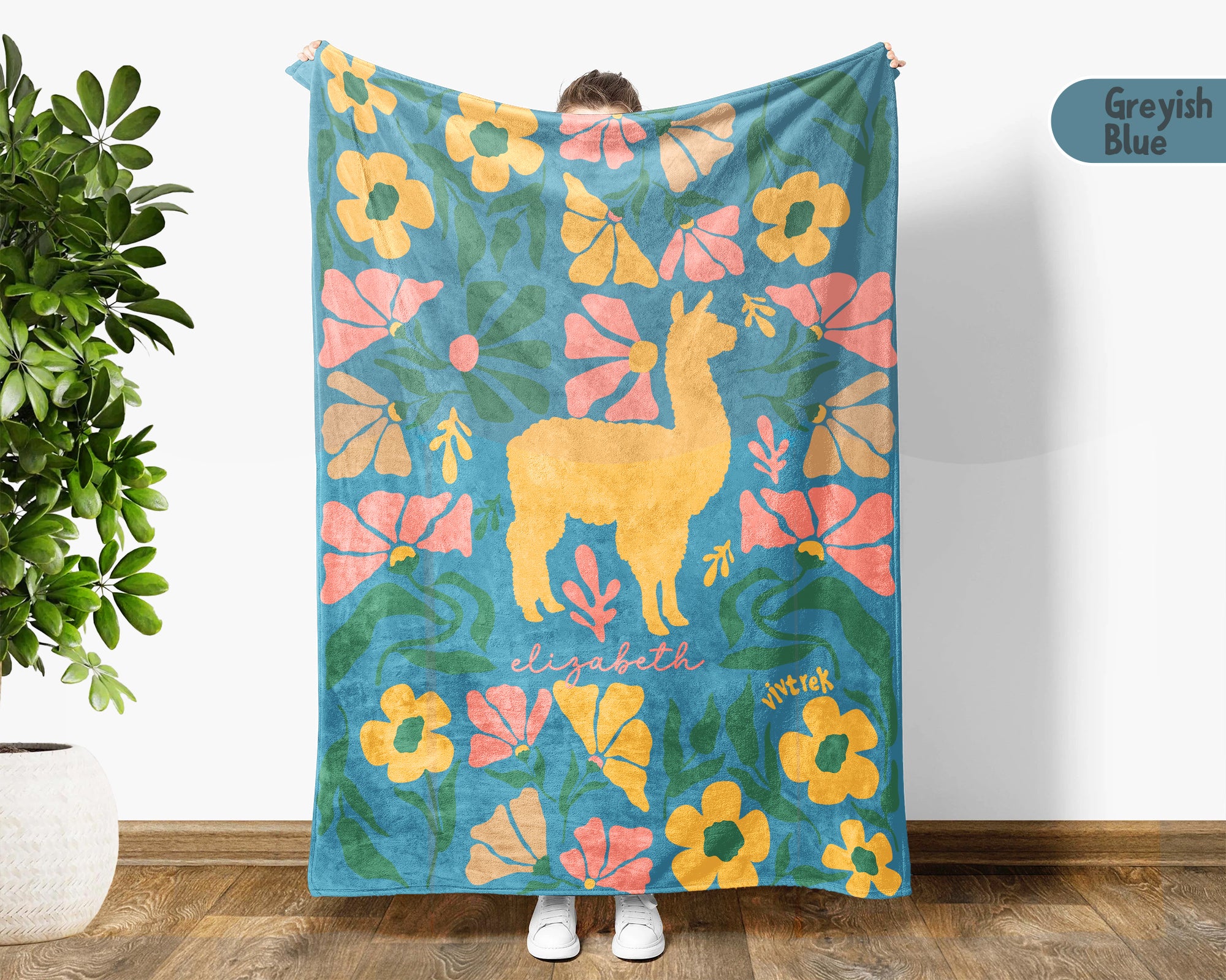 Personalized Llama Alpaca Floral Blanket, Custom Name Cute Animal Throw, Cozy Funny Farm Animal Gift for Animal Lovers