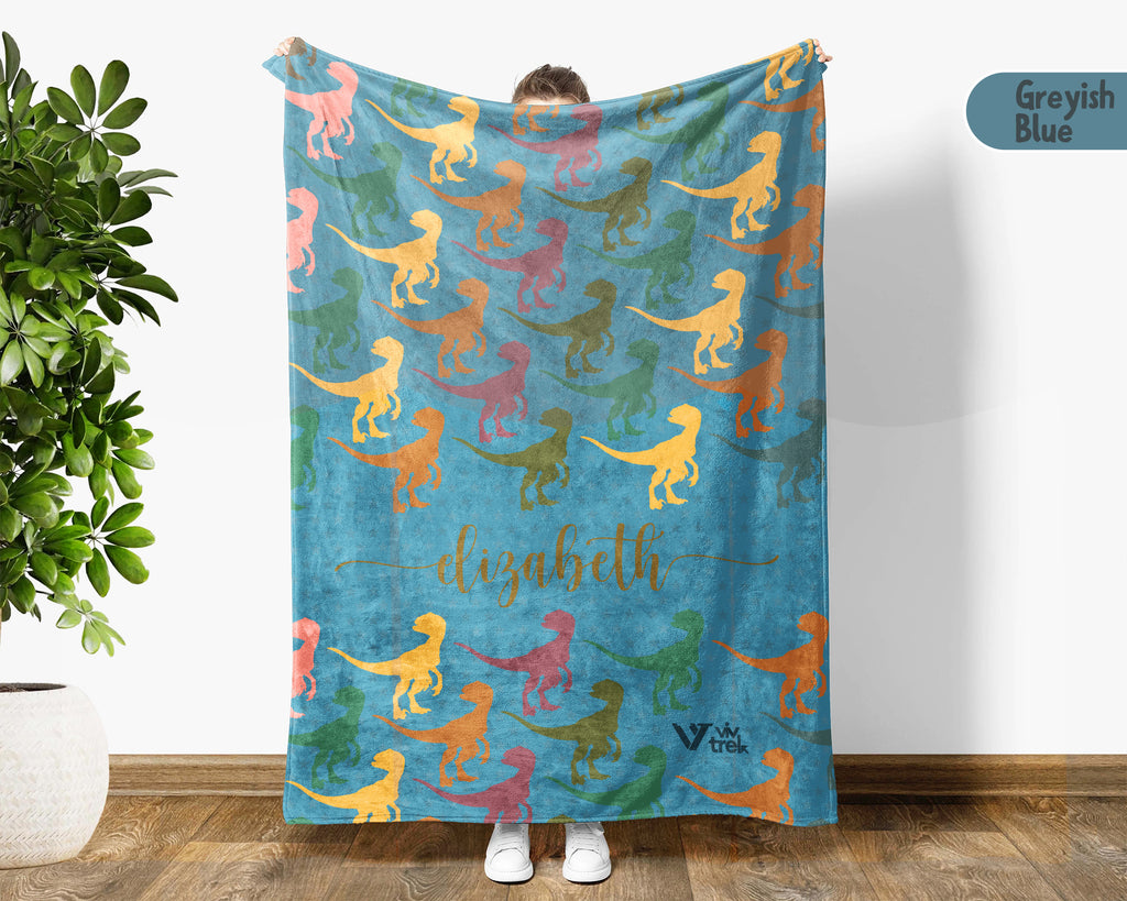 Personalized Velociraptor Dinosaur Blanket Custom Name Retro Dino Throw Cozy Jurassic Gift Paleontology Decor Blanket for Kids and Adults