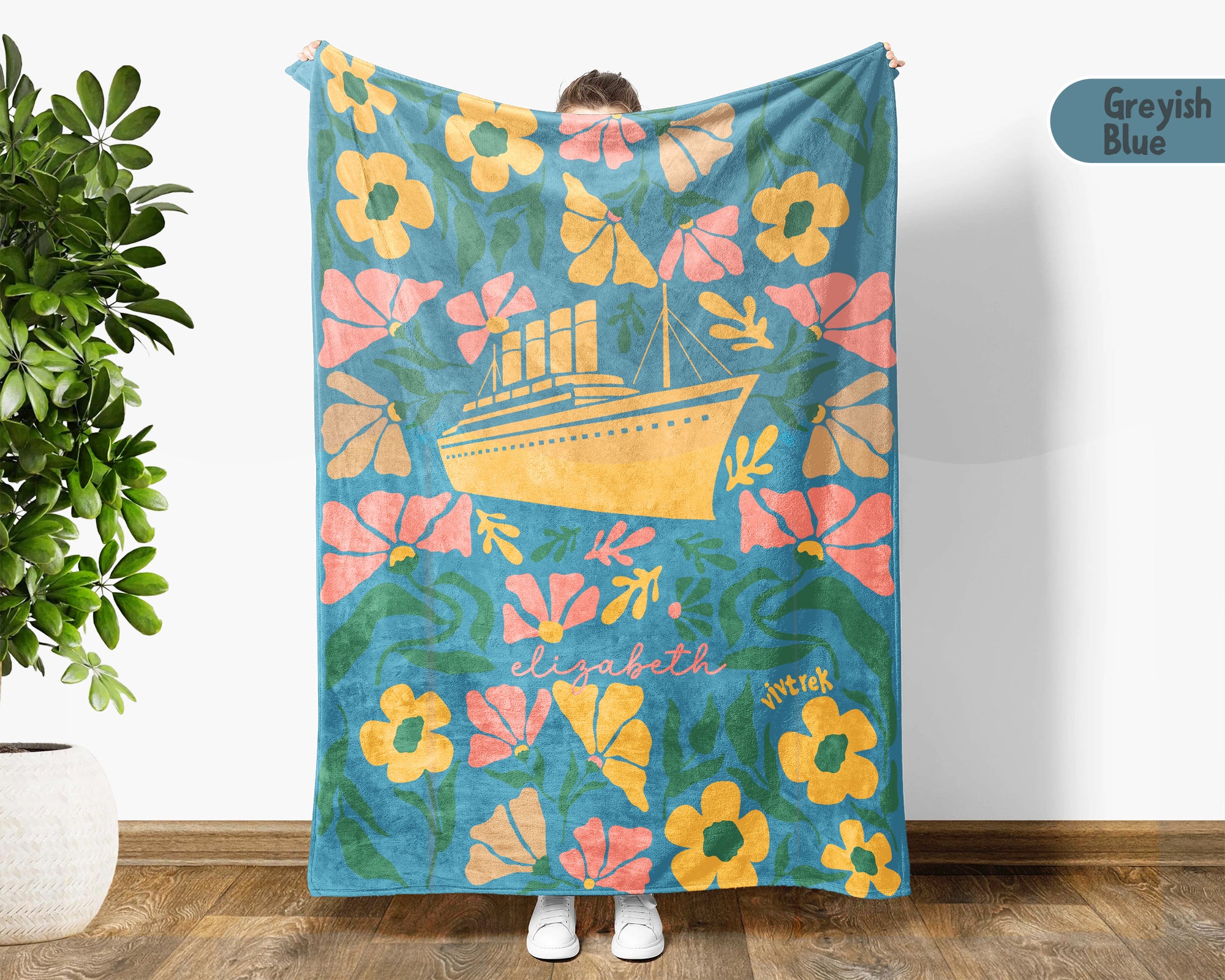 Personalized Floral Titanic Ship Blanket with Custom Name, Cozy Wildflower Ocean Liner Throw for Kids Teens Adults, History Lover Gift