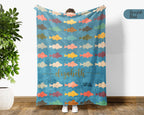 Custom Retro Fishing Blanket, Personalized Fish Lover Throw for Angler Dad Lake Cabin Outdoor Decor and Gifts