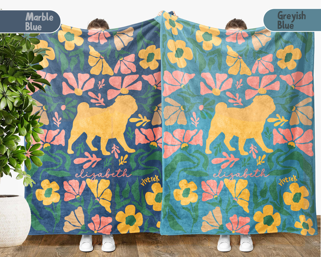 Custom Name Floral Pug Blanket, Personalized Cozy Wildflower Pug Throw for Kids Teens Adults, Dog Mom Birthday Gift