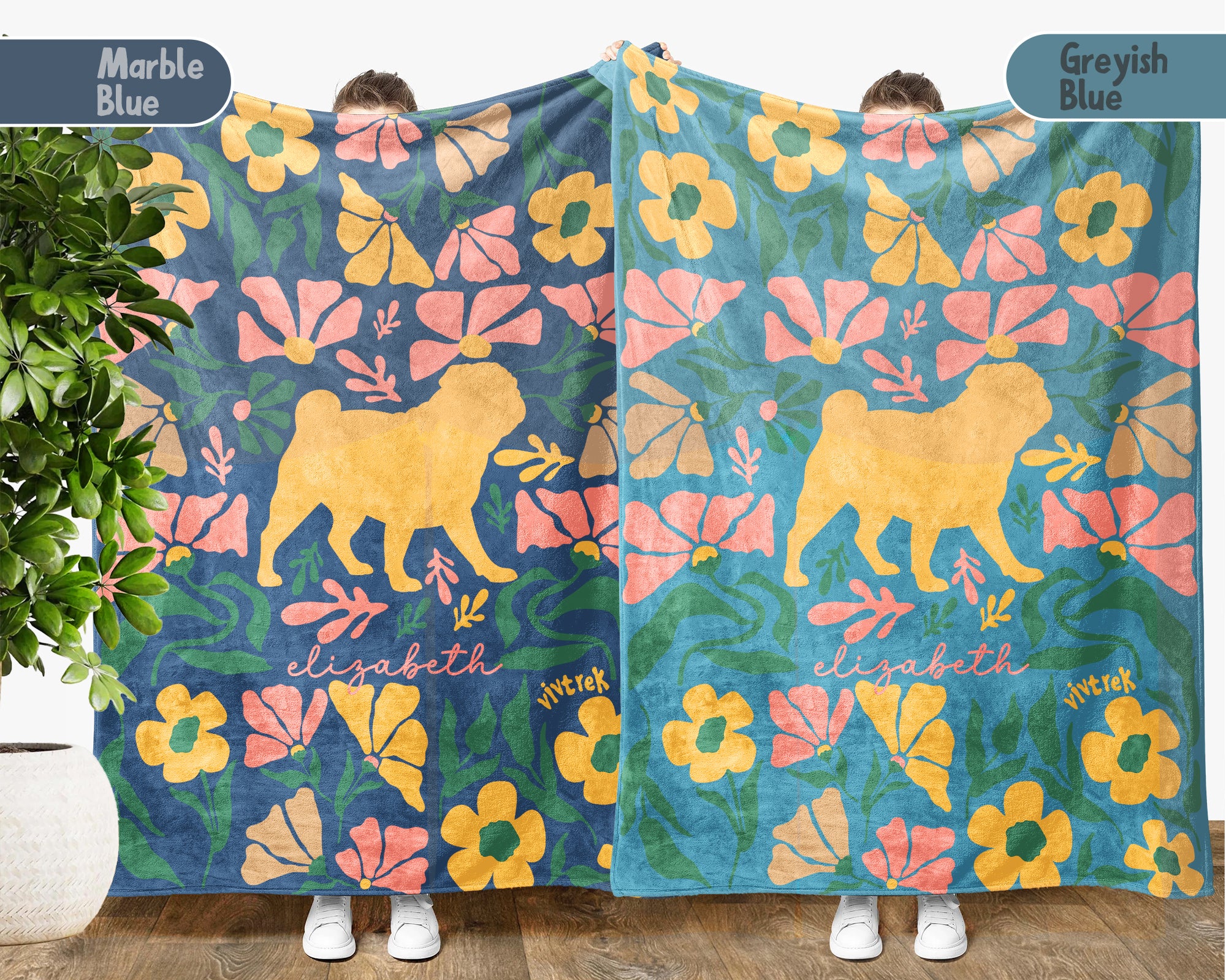 Custom Name Floral Pug Blanket, Personalized Cozy Wildflower Pug Throw for Kids Teens Adults, Dog Mom Birthday Gift