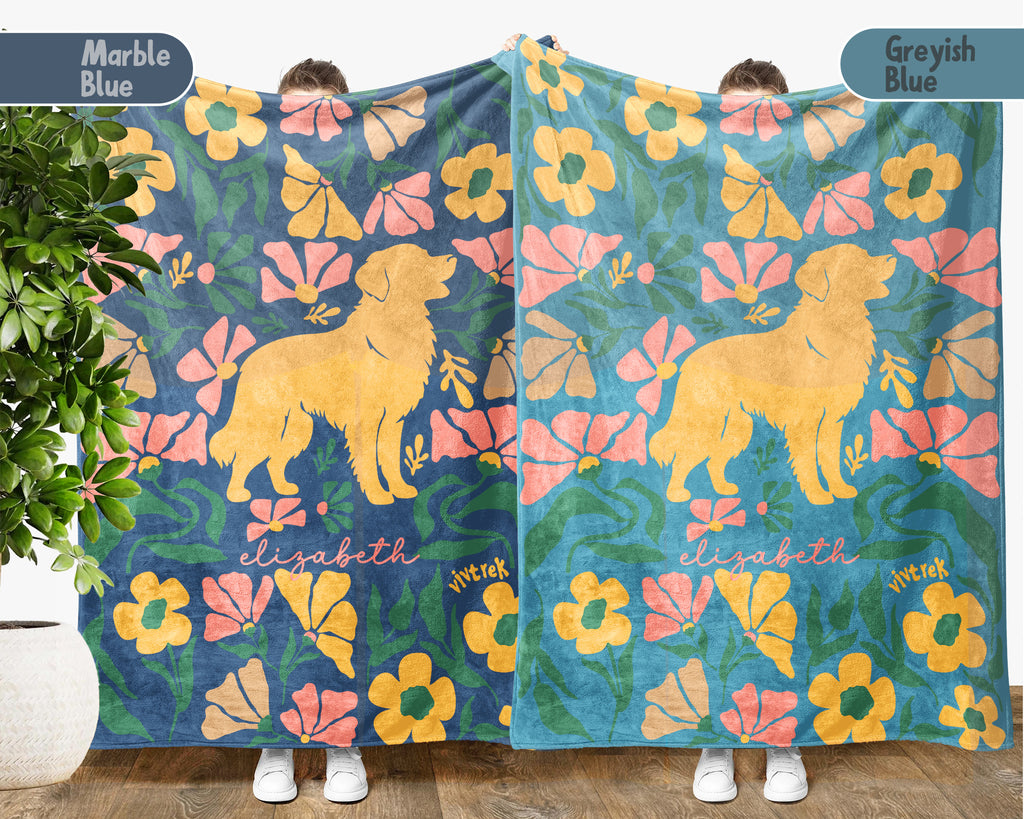 Floral Personalized Golden Retriever Blanket with Custom Name, Cozy Wildflower Throw for Kids Teens Adults, Dog Lover Birthday Gift