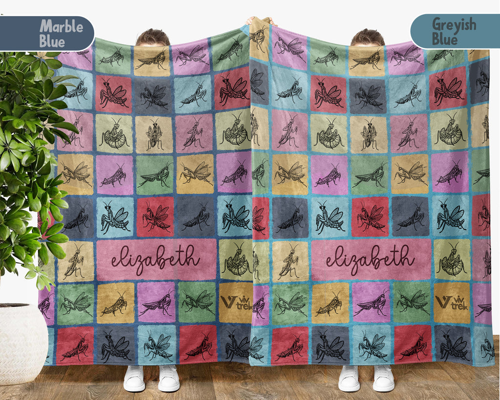 Custom Mantis Insect Blanket Personalized Name Bug Lover Throw Retro Praying Mantis Science Nature Gift Home Decor Unique Accent