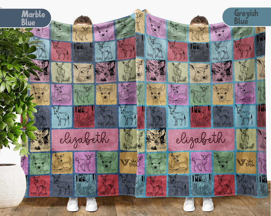 Custom Retro Baby Deer Blanket Personalized Name, Cute Fawn Wildlife Throw, Cozy Nature Gift for Kids Teens Adults