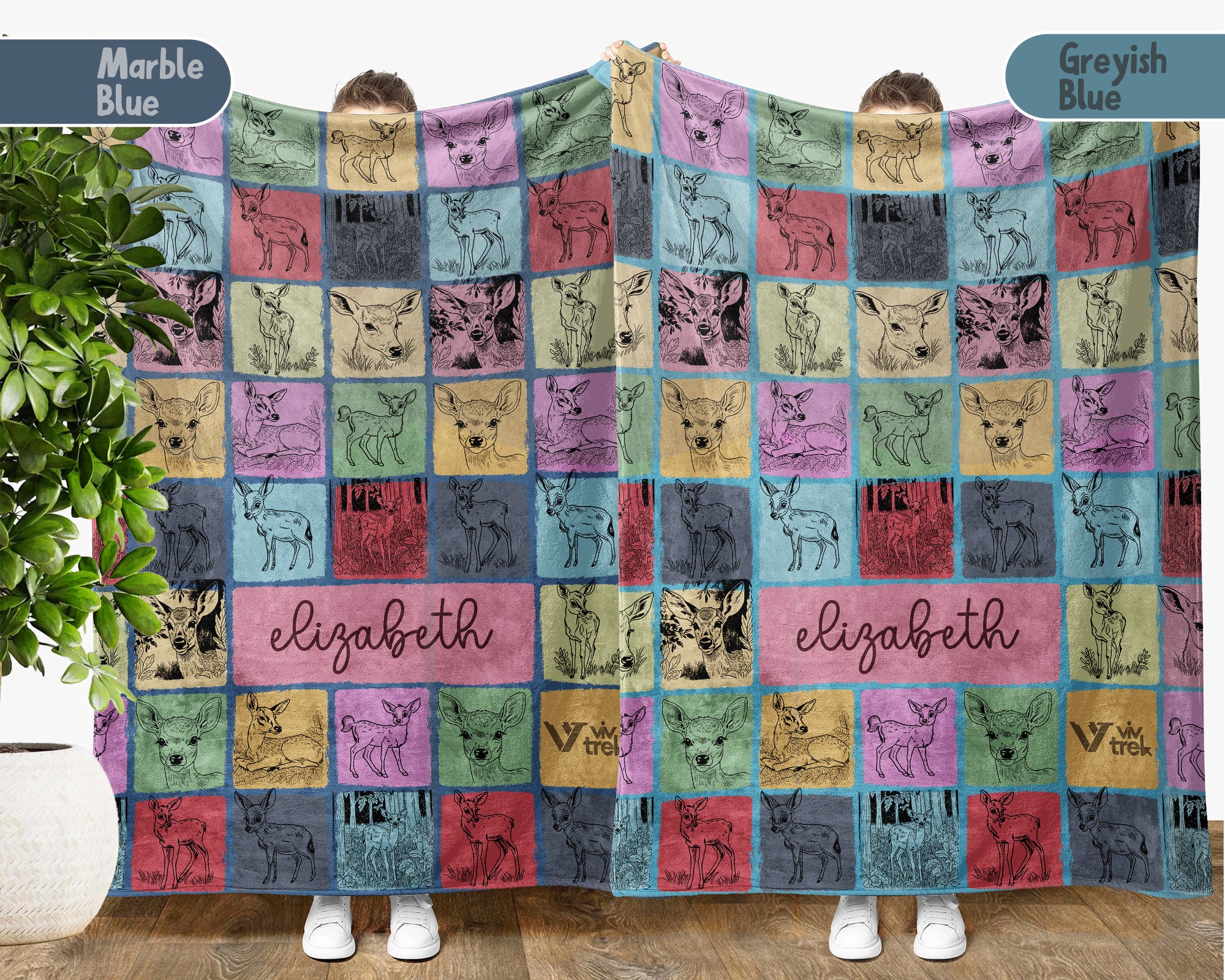 Custom Retro Baby Deer Blanket Personalized Name, Cute Fawn Wildlife Throw, Cozy Nature Gift for Kids Teens Adults