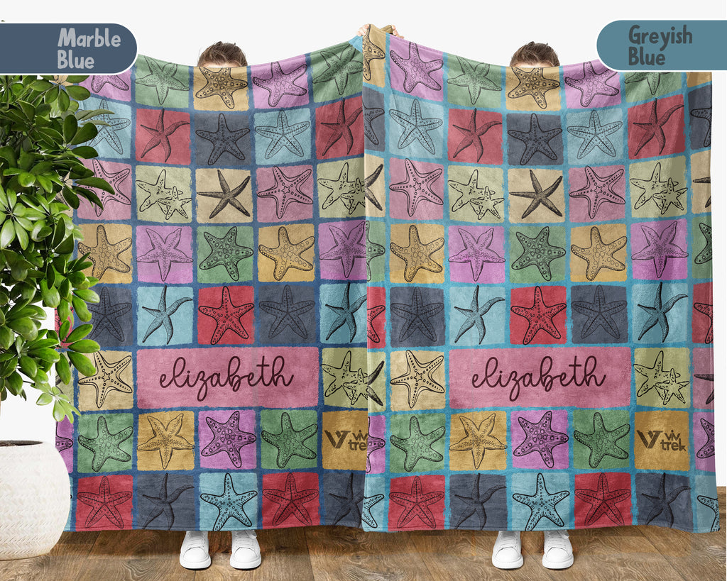 Custom Name Starfish Blanket Personalized Ocean Throw Cozy Sea Life Decor Beach Lover Gift Coastal Style Home Accent