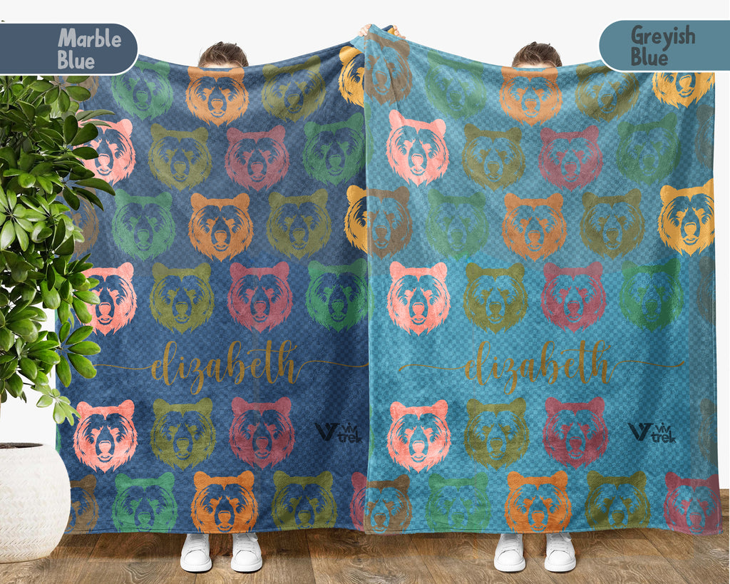 Custom Bear Blanket Personalized Name Retro Wildlife Throw Cozy Rustic Forest Decor Unique Animal Graphic Gift Home Accent