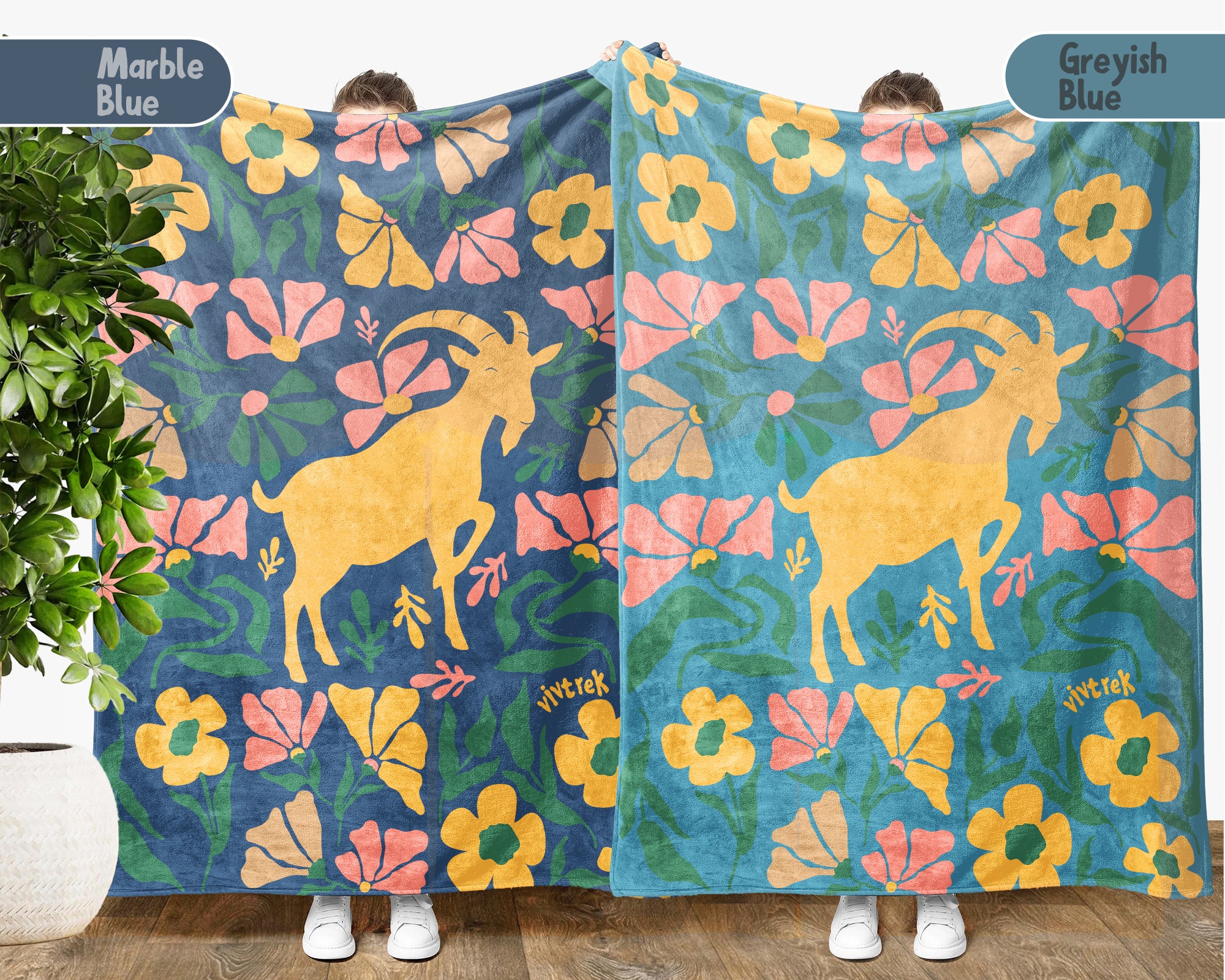 Floral Goat Blanket – Cozy Retro Farm Animal Throw for Home