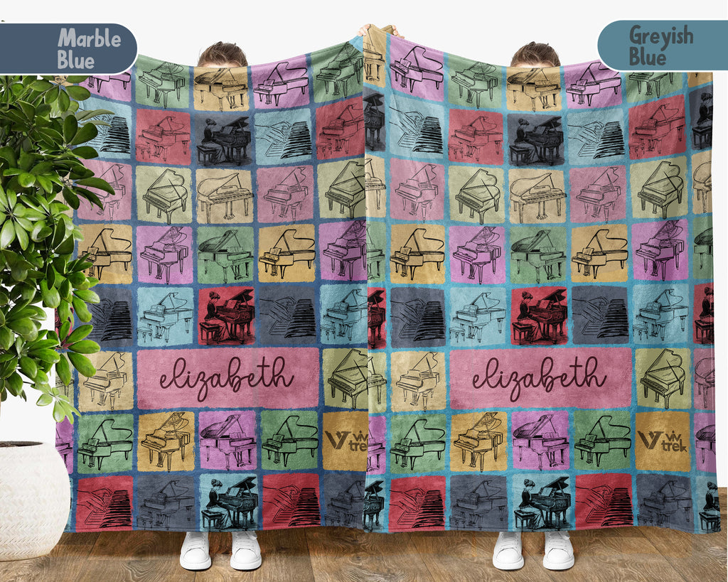 Custom Piano Blanket Personalized Name Vintage Grand Music Lover Retro Pianist Throw Cozy Classical Music Gift Home Accent