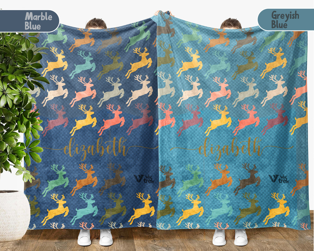 Custom Name Retro Reindeer Blanket, Personalized Woodland Animal Throw for Cabin Lodge Decor and Cozy Nature Gifts