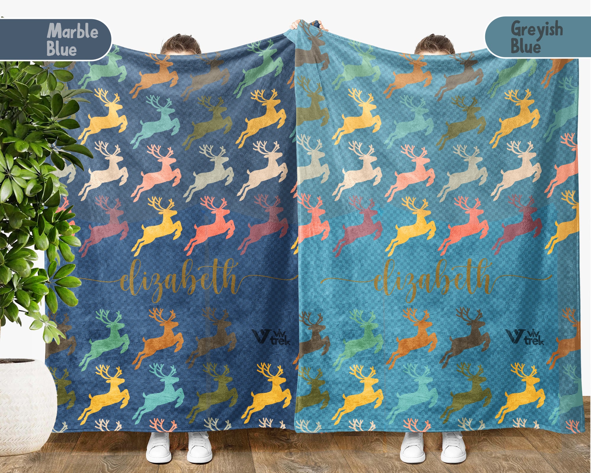 Custom Name Retro Reindeer Blanket, Personalized Woodland Animal Throw for Cabin Lodge Decor and Cozy Nature Gifts