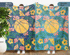 Personalized Name Floral Basketball Blanket, Cozy Hoop Lover Throw Gift