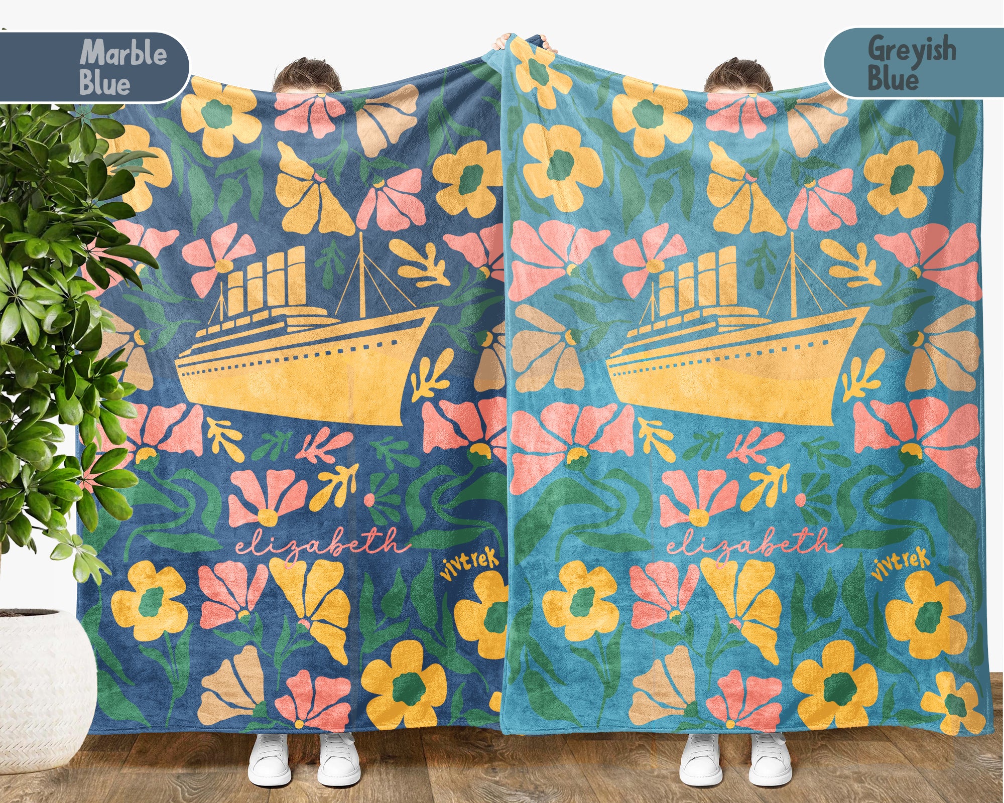 Personalized Floral Titanic Ship Blanket with Custom Name, Cozy Wildflower Ocean Liner Throw for Kids Teens Adults, History Lover Gift