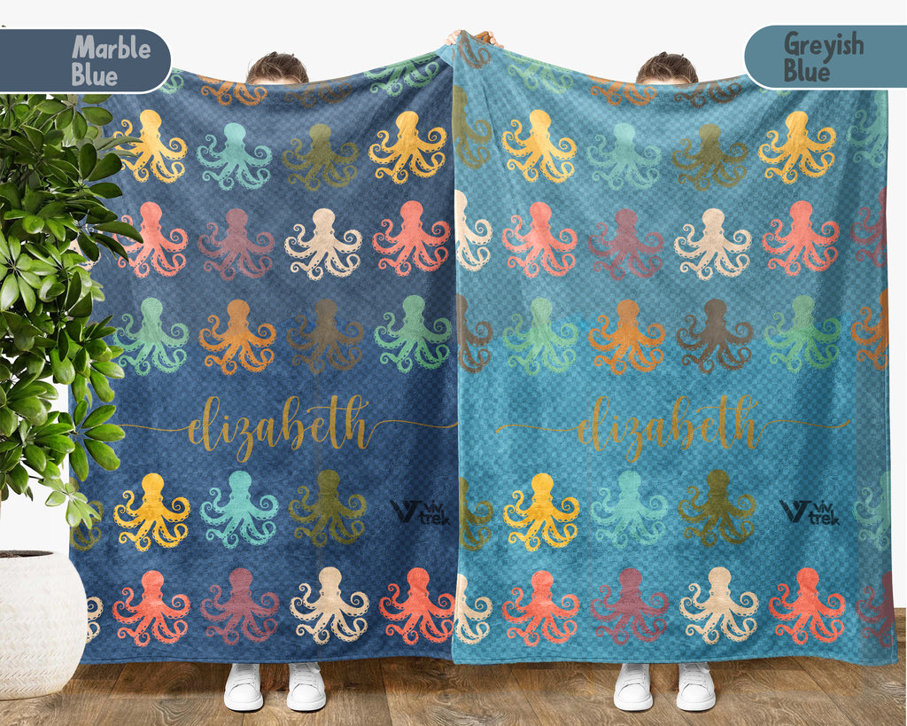 Personalized Octopus Lover Blanket Custom Name Retro Ocean Animal Throw Cozy Marine Life Fleece Gift Nautical Home Decor Accent