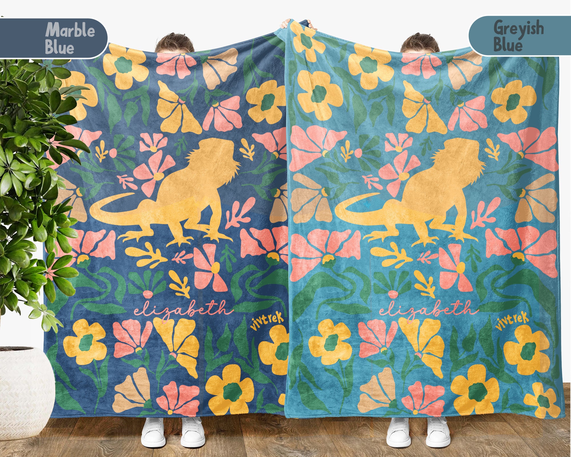 Floral Custom Name Bearded Dragon Blanket, Cozy Floral Lizard Throw for Kids Teens Adults, Cute Reptile Lover Gift