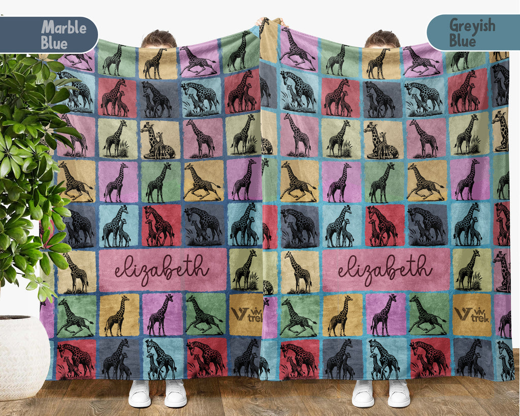 Personalized Giraffe Blanket – Custom Name Cozy Vintage Wildlife Throw