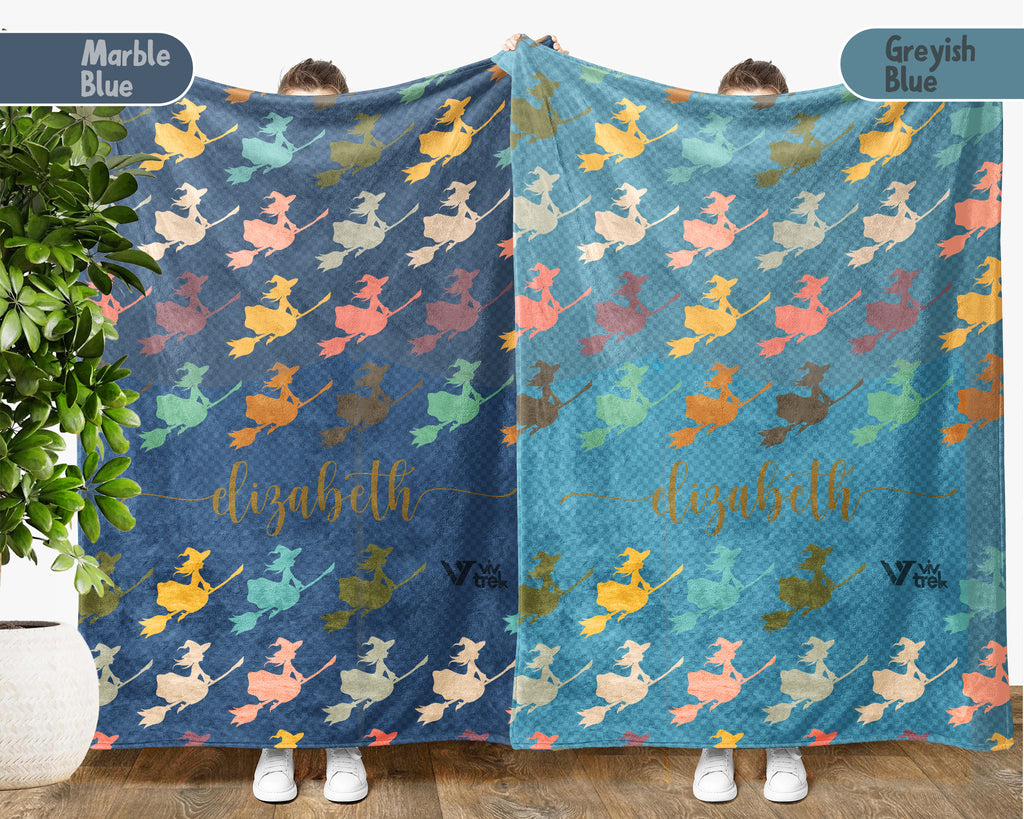 Custom Name Retro Witch Blanket, Personalized Halloween Throw for Cozy Gothic Decor and Magical Autumn Home Spaces