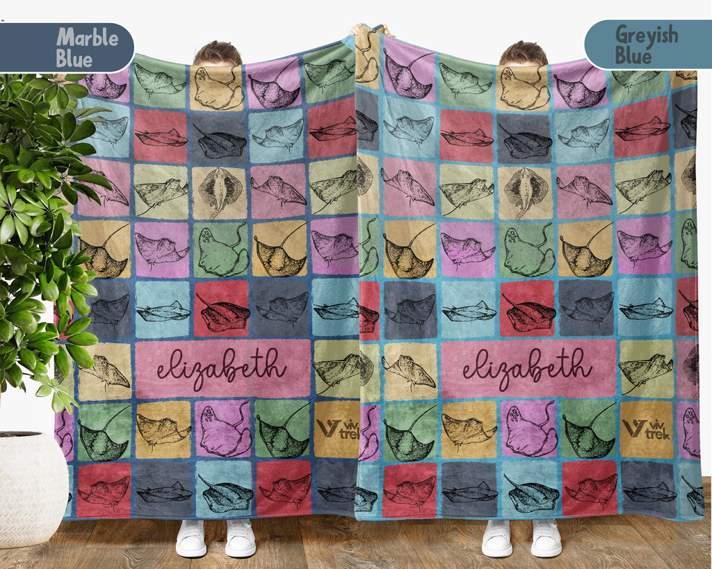 Personalized Name Stingray Blanket, Retro Ocean Animal Throw for Marine Lovers