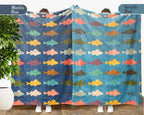 Retro Fishing Lover Blanket for Anglers, Cozy Fish Throw Gift for Fisherman Dad and Rustic Outdoor Cabin Style