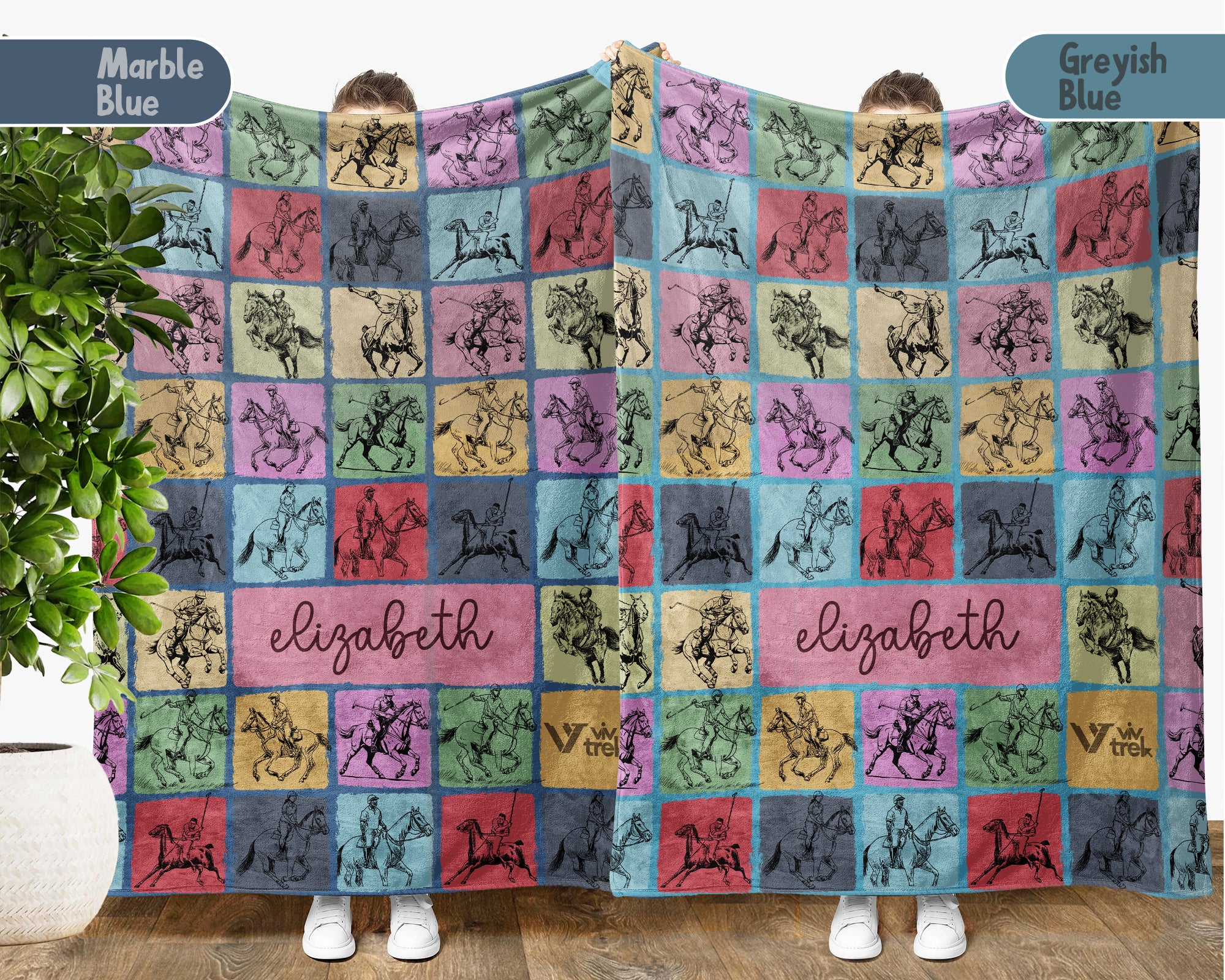 Personalized Name Polo Player Blanket, Retro Equestrian Throw for Horse Lovers