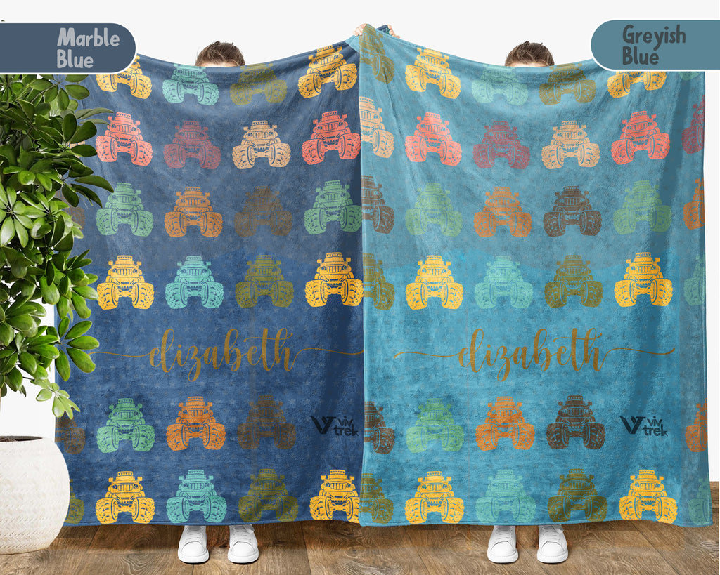 Personalized Monster Truck Blanket for Kids, Custom Name Retro Truck Throw, Cozy Boys Gift, Fun Truck Lover Room Decor Blanket