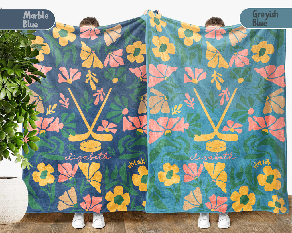 Custom Name Floral Ice Hockey Blanket, Personalized Cozy Wildflower Ice Hockey Throw for Kids Teens Adults, Sports Mom Gift