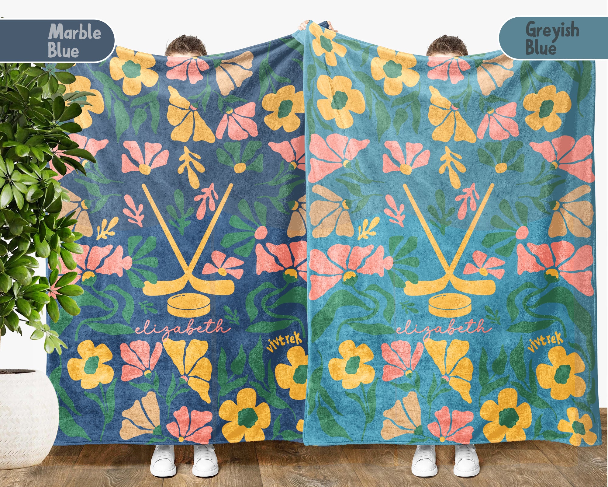 Custom Name Floral Ice Hockey Blanket, Personalized Cozy Wildflower Ice Hockey Throw for Kids Teens Adults, Sports Mom Gift