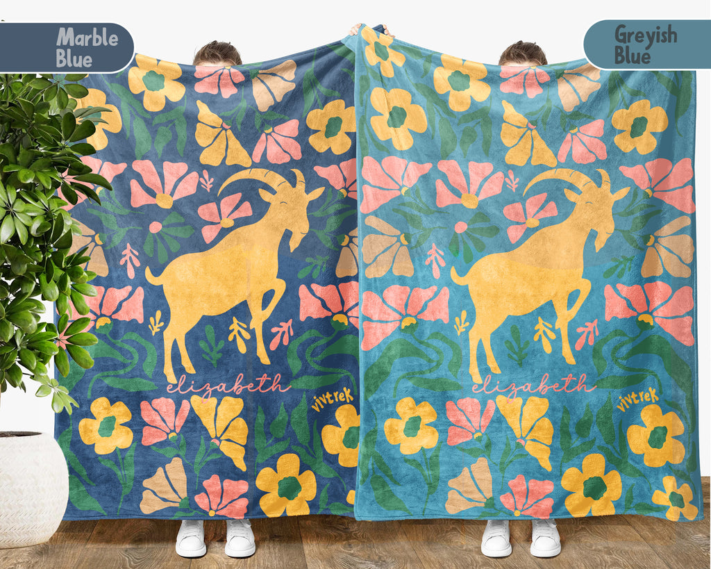 Personalized Floral Goat Blanket with Custom Name, Cozy Floral Goat Throw Gift for Kids Teens Adults, Farm Animal Lover Birthday Gift