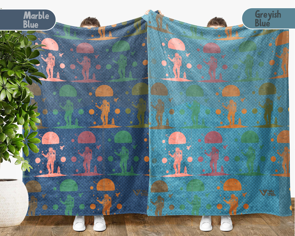 Retro Astronomy Blanket for Galaxy Lovers, Cozy Space Throw with Planet Rocket and Astronaut Theme Decor