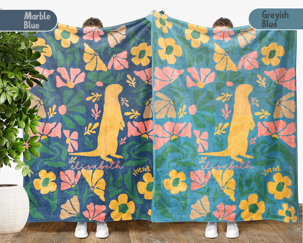 Personalized Floral Otter Blanket with Custom Name, Cozy Floral Throw for Kids Teens Adults, Cute Otter Lover Birthday Gift