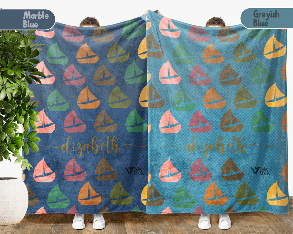 Custom Name Retro Sailing Blanket, Personalized Boat Throw for Nautical Lover Cabin Decor and Cozy Coastal Gifts