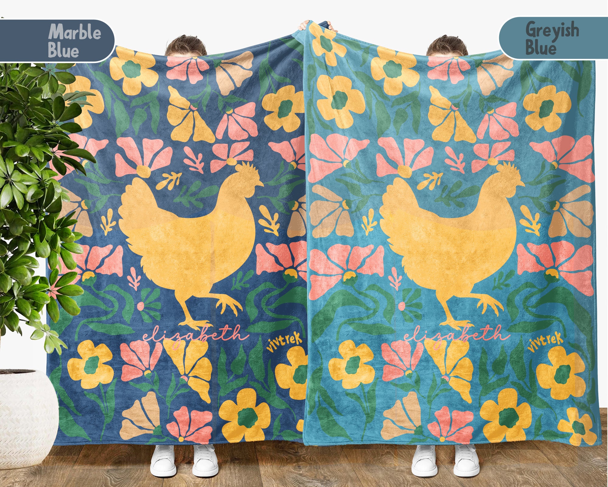 Floral Personalized Chicken Blanket with Custom Name, Cozy Floral Throw for Kids Teens Adults, Chicken Lover Farm Gift