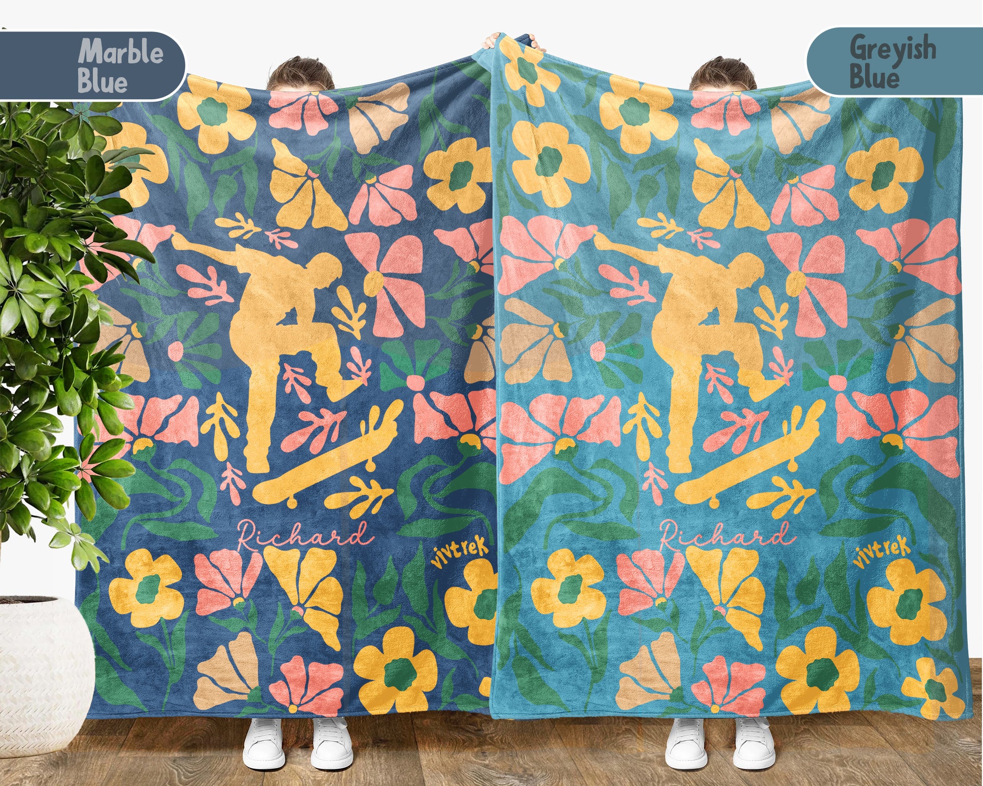 Personalized Name Skateboarding Floral Blanket, Custom Name Skater Throw, Cozy Cool Skateboard Gift for Skate Lovers