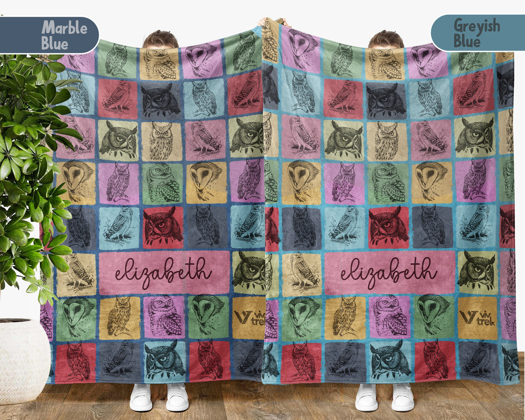 Custom Owl Lover Blanket Personalized Name Retro Bird Throw Cozy Forest Animal Fleece Gift Rustic Wildlife Home Decor Accent Piece