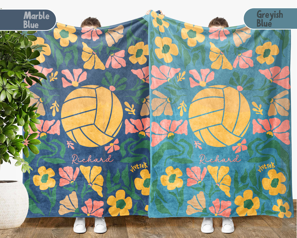 Custom Name Floral Volleyball Blanket, Sports Throw, Cozy Funny Volleyball Gift for Players and Fans Room Decor
