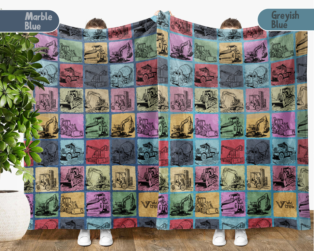 Construction Equipment Blanket, Kids Truck Throw, Bulldozer Crane Loader Cozy Blanket, Heavy Machinery Gift for Boys Girls