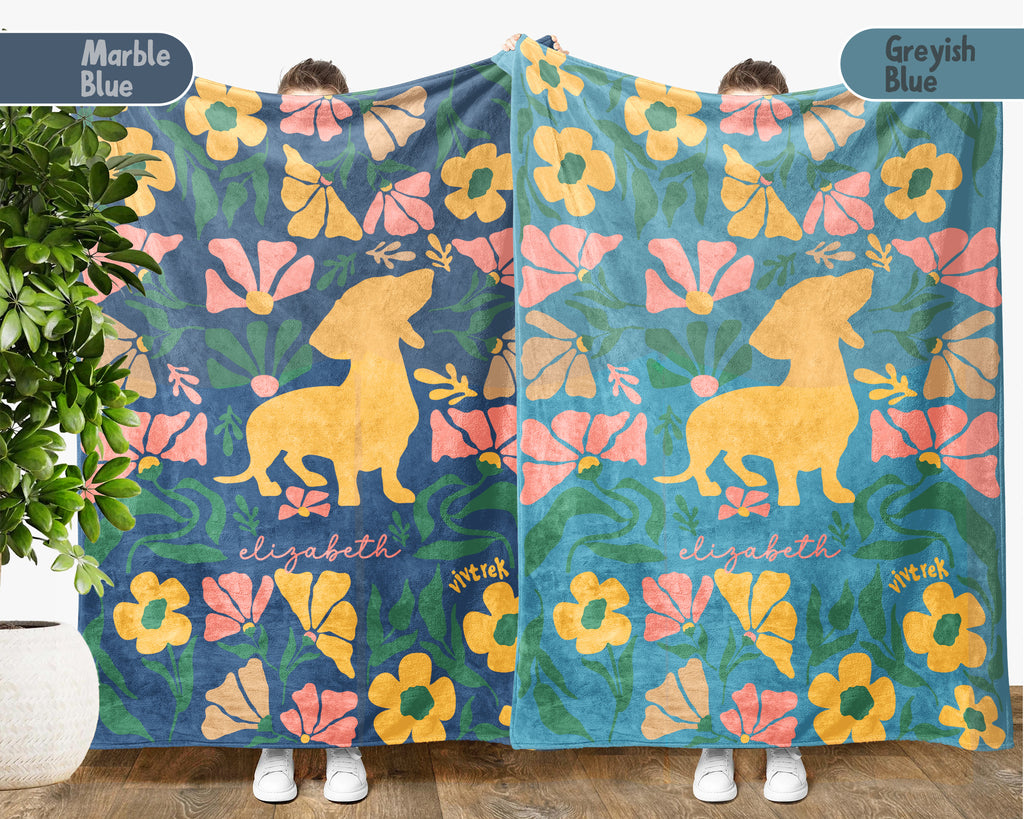 Personalized Name Floral Dachshund Blanket, Cozy Wiener Dog Lover Throw