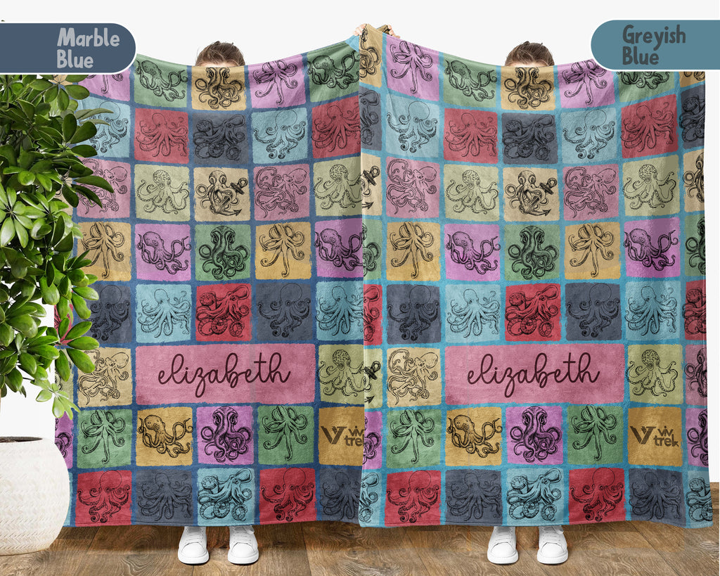 Custom Octopus Lover Blanket Personalized Name Retro Sea Animal Throw Cozy Ocean Creature Fleece Gift Marine Life Home Decor Accent