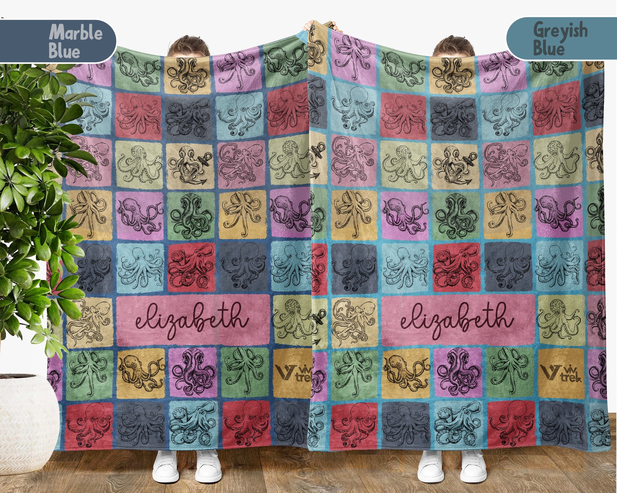 Custom Octopus Lover Blanket Personalized Name Retro Sea Animal Throw Cozy Ocean Creature Fleece Gift Marine Life Home Decor Accent
