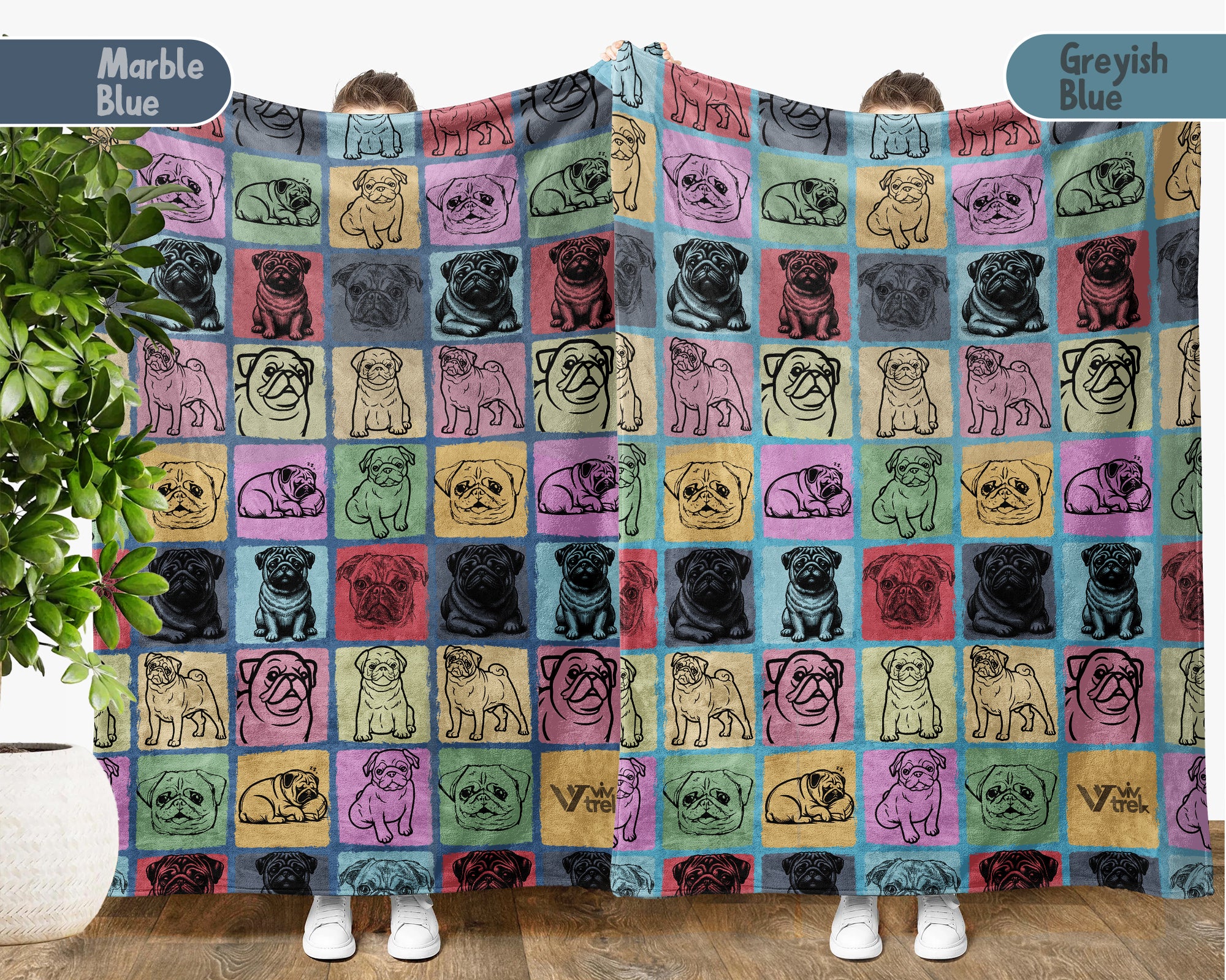 Pug Dog Blanket, Vintage Pug Lover Throw, Cozy Retro Dog Fleece Blanket, Unique Pet Lover Gift for Home and Kids