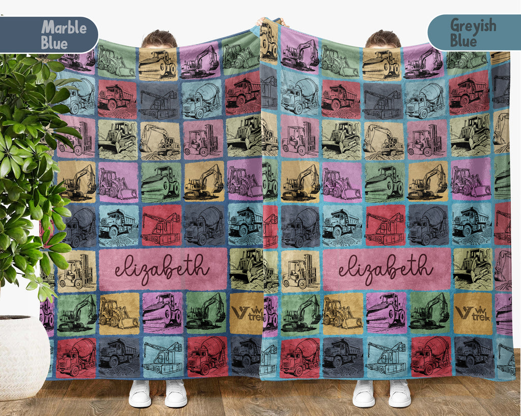 Custom Name Construction Blanket Personalized Excavator Throw, Cozy Builder Gift for Kids Boys, Truck Theme Room Decor