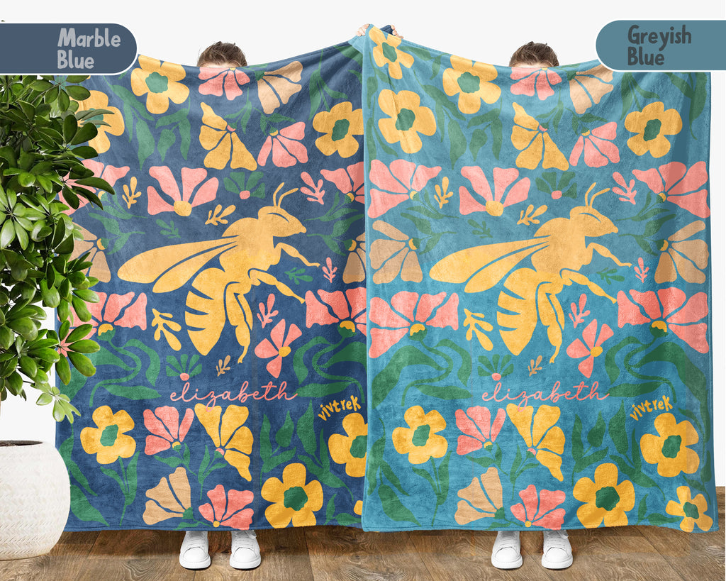 Personalized Bee Blanket with Custom Name, Cozy Honey Bee Throw for Kids Teens Adults, Cute Bumblebee Lover Gift